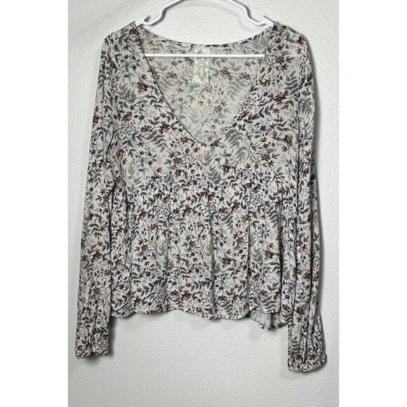 Sadie And Sage Women’s Cream Multicolor Peplum Top Long Sleeve Ruffle Size Small - Picture 1 of 6